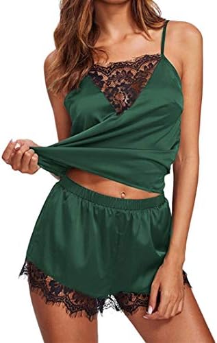 Sixcup Women Lace-Trimmed Satin Camisole Pajama Loungewear Cami Pjs Set Sexy Nightwear Silk Sleepwear Deep V Sling Lingerie Set