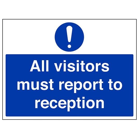 V Safety Mandatory General - All Visitors Must Report To Reception - 400 X 300MM Safety Sign With Snap Frame
