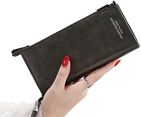 IFUNLE Women RFID blocking Long Wallet Large Capacity Clutch Cash Card Phone Holder Coin Pouch Snaps Buckle Zipper Travel Purse Handbag with Wrist Strap (Black)