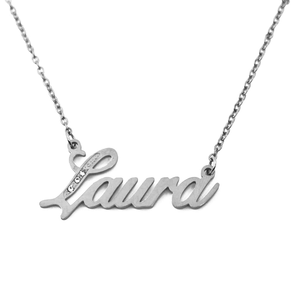 Kigu Name Necklace Laura - Silver Tone - Custom Name Necklace - Personalised Jewellery for Ladies- Customised Jewellery for Girls- Custom Pendant Laura