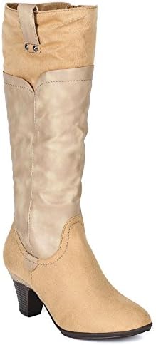 Women Mix Media Round Toe Zipper Chunky Heel Knee High Boots BF04 - Nude (Size: 10)
