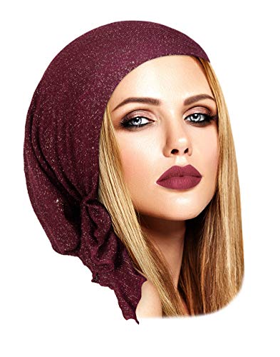 ShariRose Pre-Tied Headscarf Tichel Headwear Head Cover for Women Sparkly Knit Collection! Handmade (Burgundy red Gold Short)