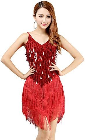 BellyQueen Petite Women's Sequins Tassel Dance Costumes 1920s Flapper Cocktail Dress
