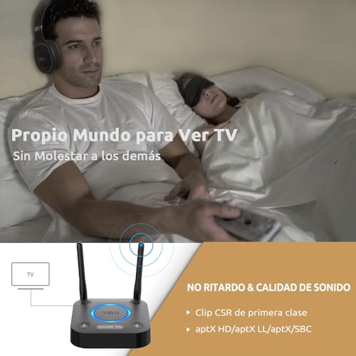 1Mii Transmisor Bluetooth 5.3 para TV a 2 Auriculares Bluetooth, Adaptador Audio Bluetooth TV con Control de Volumen, Entrada Óptica, Coaxial, Aux, RCA, aptx Baja Latencia, Largo Alcance