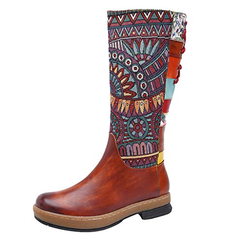 ❤Kauneus❤ Retro Boots for Women National Style Classic Canvas and Leather Boots Lace up Printed Fashion Knee High Boot Brown