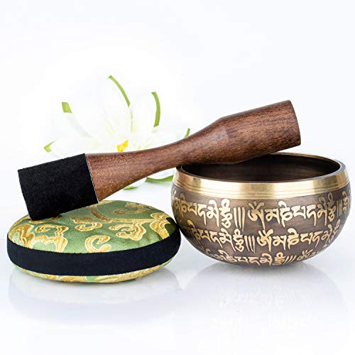 Silent Mind ~ Tibetan Singing Bowl Set ~ Peace Mantra Design ~ With Dual Surface Mallet and Silk Cushion ~ Promotes Peace, Chakra Healing, and Mindfulness ~ Exquisite Gift