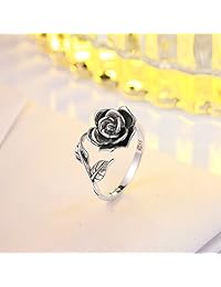 Anillo con rosa de plata de ley S925, ajustable, abierto, para mujer.