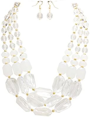 Chunky 3 Strand Clear and White Frosted Acrylic Bead Layered Bib Necklace 18" with Dangle Drop Earrings