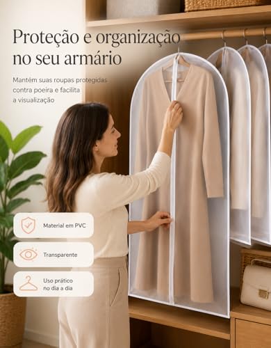 kit 5 Capa Protetora para Roupas com Zíper Transparente 60x120cm – Anti Poeira, Anti Mofo, para Terno, Vestido, Casaco, Jaqueta e Guarda-Roupa (5)