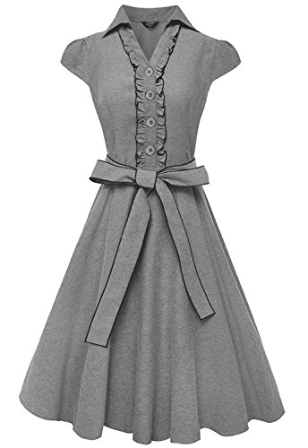 Peach Couture 100% Cotton Ruffle Neck Self Tie Cap Sleeve Knee Length Sundress Grey X-Large