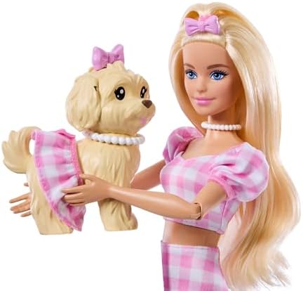 Poupée Twinning avec chien, en tenues roses vichy assorties