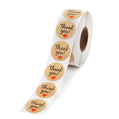 Mionno Kraft Paper 1.25" Round Thank You Stickers with Red Heart - 1000pcs/Roll Adhesive Labels for Decorative and Envelope Sealing, Gift Wrap, Birthday, Baby Shower, Wedding, Party (1 Roll)