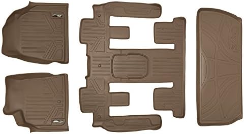 MAXFLOORMAT Floor Mats (3 Rows) and MAXTRAY Cargo Liner Behind 3rd Row Set Tan for Traverse / Enclave With 2nd Row Bucket Seats