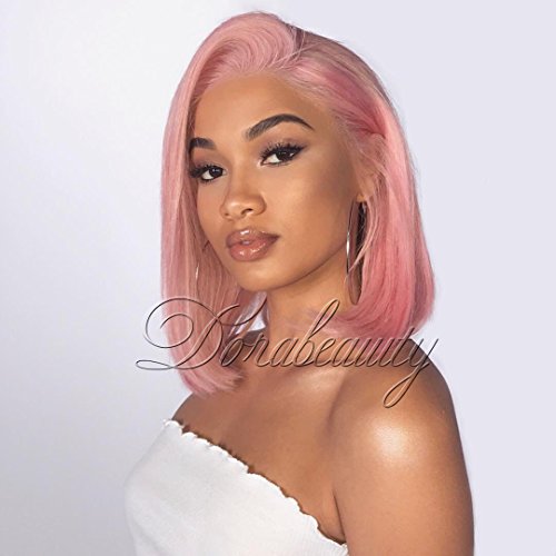 Dorabeauty Pink Short Bob Wigs Natural Straight Wigs for Black Women 130% Density Pre-plucked Lace Front Wigs Human Hair with Natural Hairline (12, Pink)