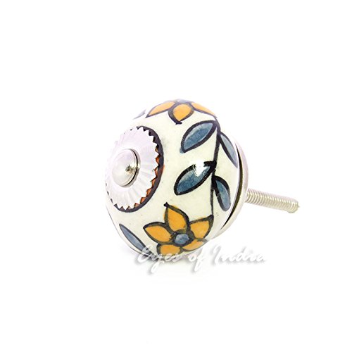 Eyes of India - Set of 2 Yellow Blue Ceramic Cabinet Cupboard Dresser Door Knobs Pulls Shabby Chic Decorative Colorful Boho Bohemian Accent Handmade