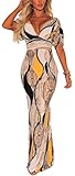 sexycherry Women Deep V-Neck Elegant Short Ruffles Sleeves Sexy Flower Floral Cocktail Maxi Party Dress,Beige,XX-Large