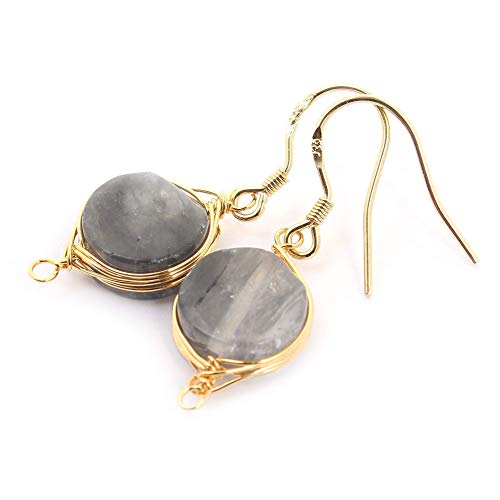 Natural Stone Herringbone Wire Wrap Dangle Drop Earrings 14K Gold Plated 925 Sterling Silver Hook/Grey Agate Round 10mm