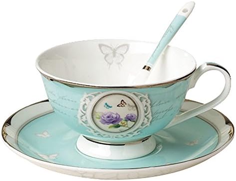 FlorisHome Vintage Blue Bone China Teacup Spoon and Saucer Set