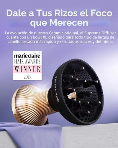 BELLISSIMA ITALIA Diffon Supreme - Difusor XL y secador de pelo para cabello rizado y ondulado, botón fresco, tecnología iónica y cerámica para no encrespamiento, Negro