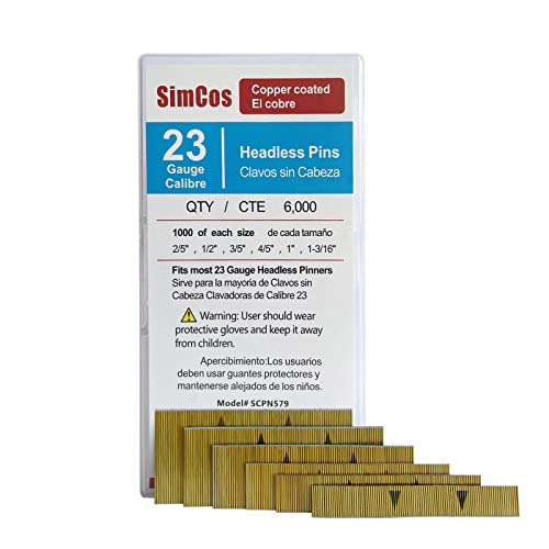 SimCos 6000 pcs 23 Gauge Pin Nails Headless Pinner Nails 6 Sizes Assorted 2/5 Inch to 13/16