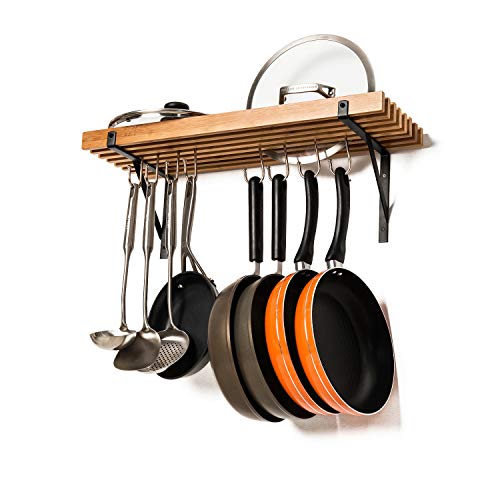 Soduku Kitchen Wall Mounted Bamboo Pot Pan Rack with 8 hooks - Thumbnail 4