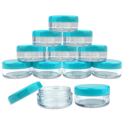 (Quantity: 200 Pieces) Beauticom 5G/5ML Round Clear Jars with TEAL Sky Blue Lids for Scrubs, Oils, Toner, Salves, Creams, Lotions, Makeup Samples, Lip Balms - BPA Free