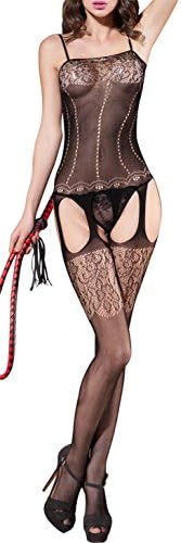 Women's Sexy Lace Bandage Crotchless Garters Bodysuits Bodystocking Tights Black
