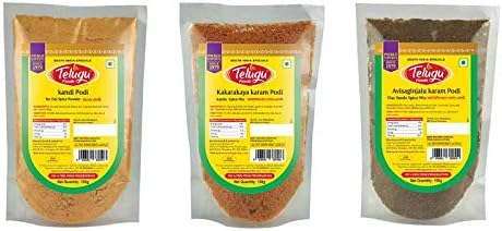 Telugu Foods Combo of Spice Powders (Tur Dal Spice Mix(Kandi Podi) 100g, Flax Seeds Spice Mix (Avisaginjalu Karam Podi) 100g, Karela Spice Mix (Kakarakaya Karam Podi) 100g)