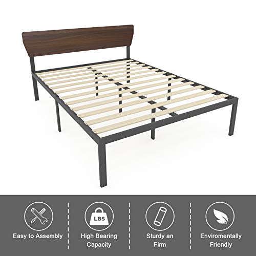 Teraves 16 Inch Queen Bed Frame Metal Platform Bed with Headboard and Wood Slat Support Mattress