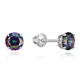 Sterling Silver Rhodium Plated Rainbow Cubic Zirconia 5mm Stud Screwback Baby Girls Earrings