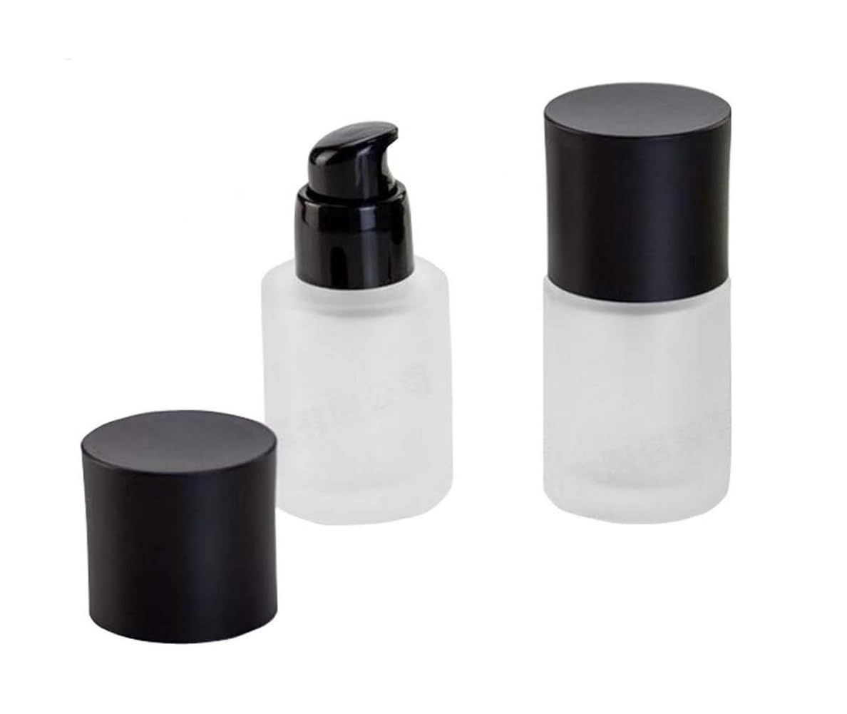 VASANA 2PCS 30ml/1oz Empty Refill Frosted Glass Cream Lotion Pump Bottle Jars with Black Dust Cap Cosmetic Makeup Emulsion Toiletries Liquid Storage Container Cosmetic Travel Packing Dispenser