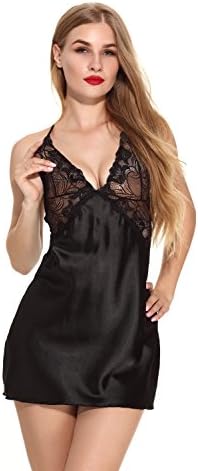 Aryalove Women's Lace Kimono Robe V Neck Nightwear Stain Chemise Babydoll Lingerie Sleepwear Black Size M