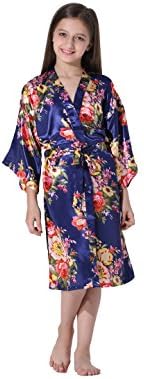 Vogue Forefront Girls' Floral Print Satin Kimono Robe Bathrobe, Size 8, Navy Blue