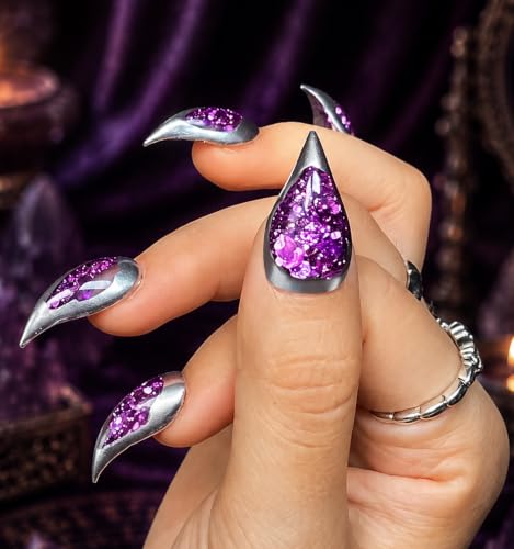 POPSOUL Cat Claw Press On Nails, Handmade Short Natural False Nails, 3D Floating Glitter Aquarium Nails, Sharp Curved Stiletto Tips for Gothic, Royal, Cosplay & Party Looks