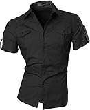Jeansian Men's Slim Fit Short Sleeves Casual Shirts 8360 Black L