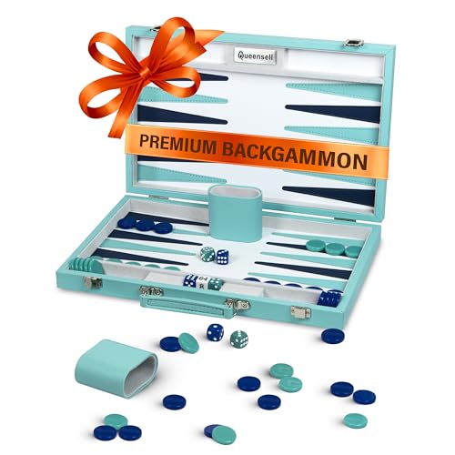 Premium 15" Turquoise Backgammon Set for Adults - Luxury PU Leather Tray with Box, 32 Acrylic Counters, Dice Cups and Double Cube