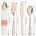 WDF 50pcs Rose Gold Plastic Silverware -Rose Gold Cutlery with Napkins-Heavyweight Disposable Flatware Includes 50 Forks, 50 Spoons, 50 Knives in Rolled Napkins for Wedding/Parties