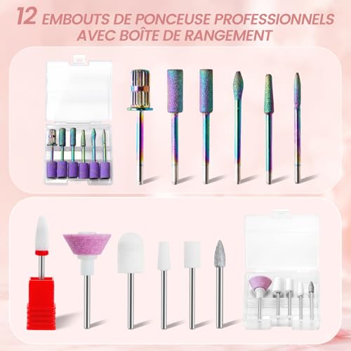 Delanie Ponceuse pour ongles Électrique Professionnel 50000 RPM avec Station de Recharge, Lime à Ongles Sans Fil pour Ongles en Acrylique Épais, 10 Heures d'autonomie, Fonction Pause, Incl. 12 Embouts
