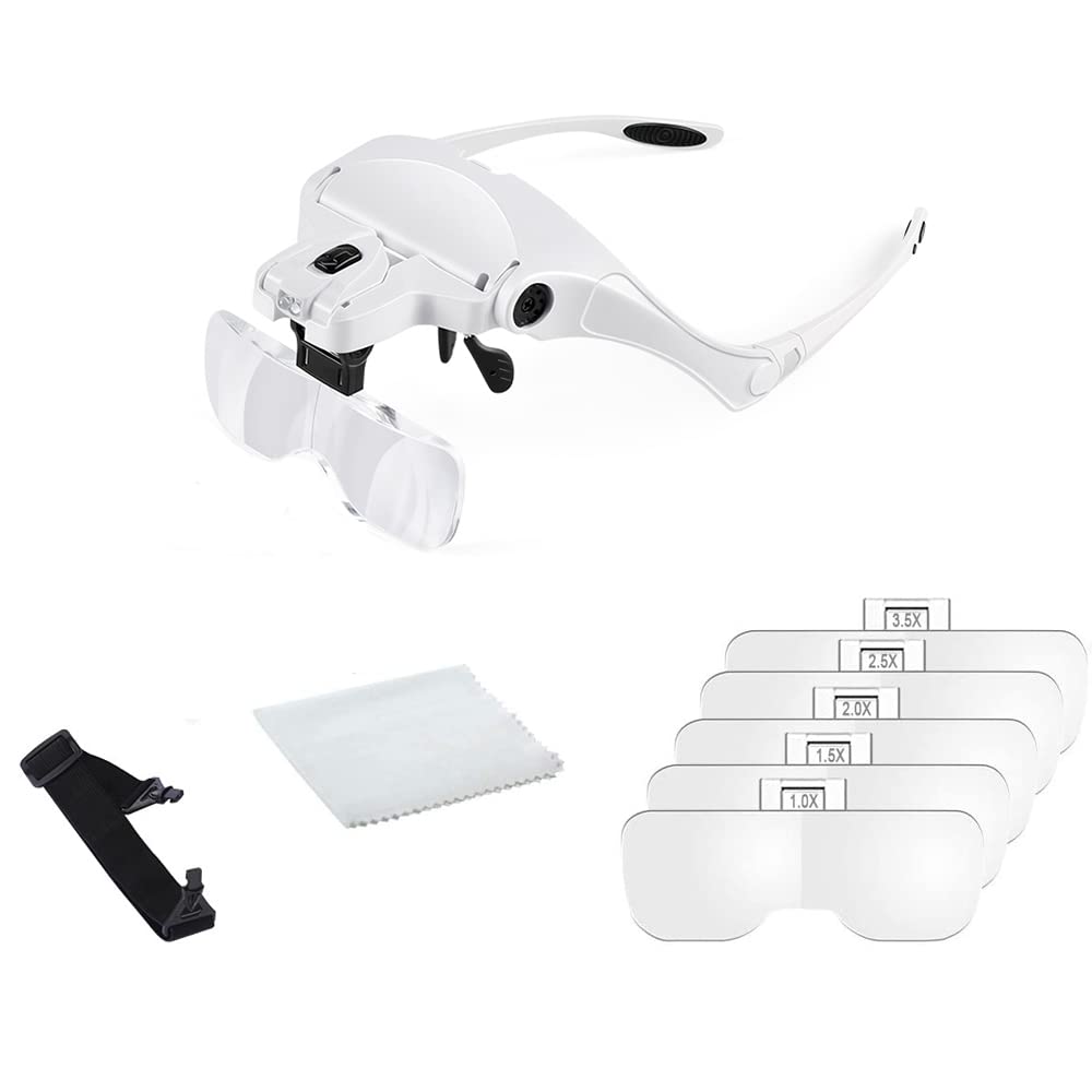 Ninyoon Head Mount Headband Illuminating Magnifier, 2 LED Lights Magnifying Jeweler Loupe Visor with 5 Detachable Glasses for Reading Jewelry Watch Electronic Repair (Non-Rechargeable)