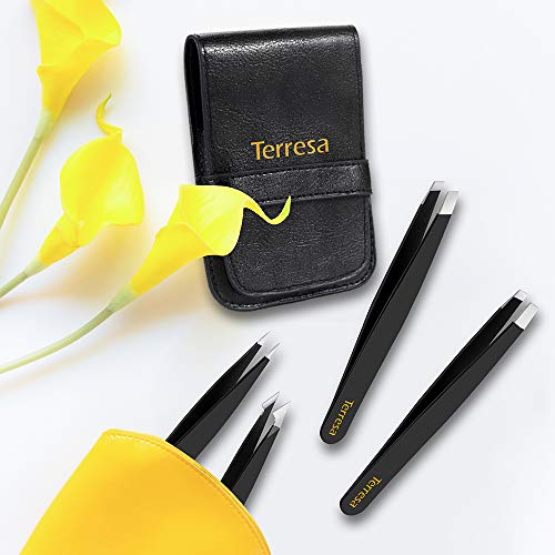 Eyebrow Tweezers, Terresa 4 Pack Stainless Steel Slant Tweezer Set and Pointed Hair Removal Tweezers, Precision Tweezers for Ingrown Hair, Eyebrows Plucking, Daily Beauty Tool for Women and Men(Black)