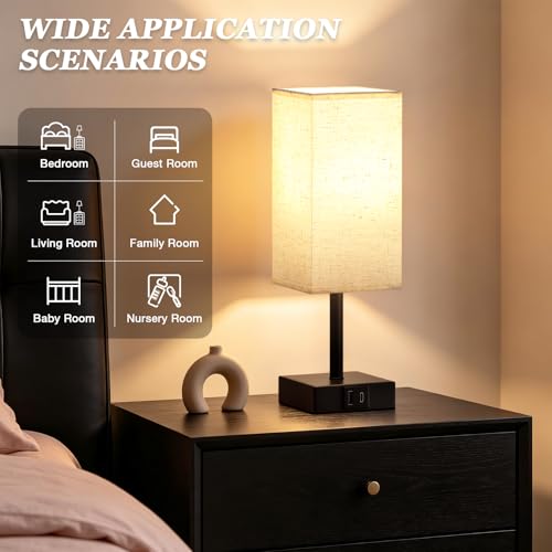 PreeOtti Touch Bedside Lamps, Bedside Table Lamp with USB A+C Charging Ports, Touch Lamps Bedside for Bedroom/Living Room/Study Room/Office, 3-Way Dimmable Reading Light (LED Bulb Included)
