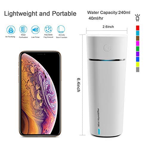 FHEAL Cool Mist Humidifier/USB Air Humidifier, Mini Cup Desktop Personal Humidifiers for Bedroom Car Office 240ml 40ml/h with Auto Shut-Off, 8 Hours Working Time,LED Night Light,White