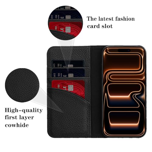 LANJLM iPhone 17 Pro Wallet Case Genuine Leather Antimagnetic Card Holder Flip Cover Shockproof iPhone 17 Pro Cases - Black
