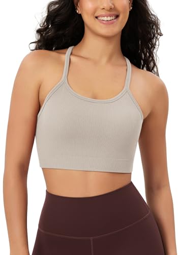 ODODOS Seamless Racerback Sports Bra for Women Ribbed Camisoles Non Padding Yoga Bra Crop Tank Tops