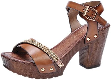 Nature Breeze Women's Vint-02 Buckle Comfort Medium Chunky Wooden Heel Sandal