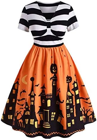 Clearance Halloween Dress, Women Pumpkin Skater Swing Dress A-line Lace Skull Dress