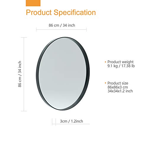 KAASUNES 34Inch Large Circle Mirror Wall Mounted Round Mirror Premium
