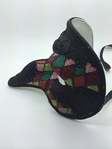 New Shor Nose Laser Cut Medieval Plague Doctor Face Design Masquerade Halloween Mask - Black w/ Rainbow Glitter Checker Pattern