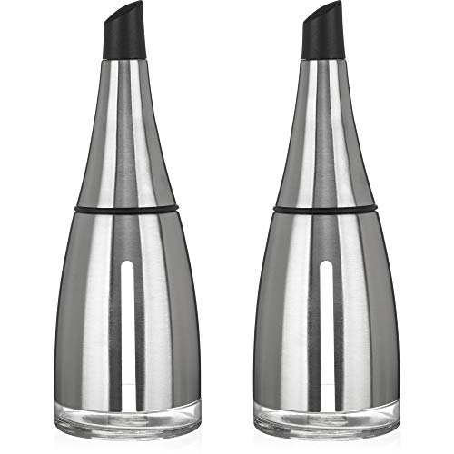 CHEFVANTAGE Olive Oil and Vinegar Cruet Dispenser Set with Elegant Glass Bottle and Drip Free Design - Stainless Steel
