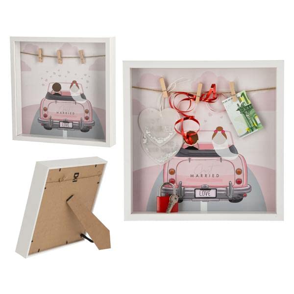 Beautiful money gift wedding picture frame with insert paper, 3 x mini clothes pegs, 1 x already fixed rope, front with glass, wedding cash register